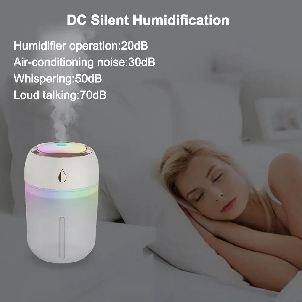 Mini USB Portable Air Humidifier, Aroma Diffuser, LED Cool Light, Mist for Room, Home, Car, Plant Purifier, 330ml ﻿