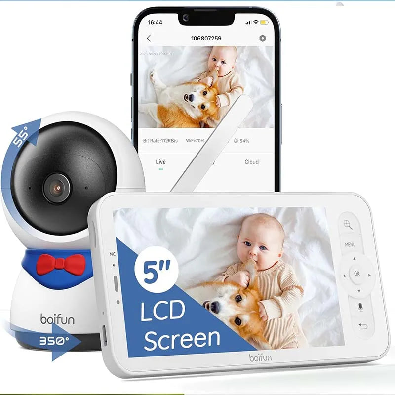 BOIFUN 1080P 5" Baby Monitor Camera, PTZ 355°Camera Baby Motion Monitoring and Automatic Tracking, Monitor and Smartphone