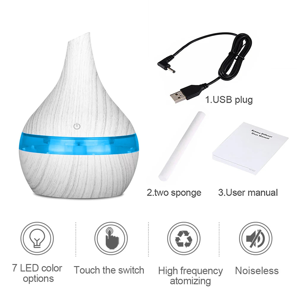 300ml USB Essential Oil Diffusers Ultrasonic Air Humidifier with 7-Color LED lights Cool Mist Maker for home bedroom