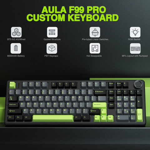 AULA F99pro Wireless Gaming Keyboard Gasket Structure Compatible with 3/5 Pins Hot-swap Mechanical Keyboard with Media Knob