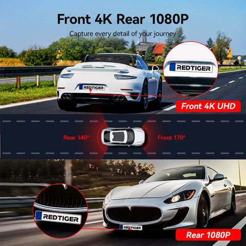 REDTIGER 4K Dash Camera Front and Rear WiFi Car Dvr Dual Car Camera  Easy To Install Car Camera Recorder Touched GPS