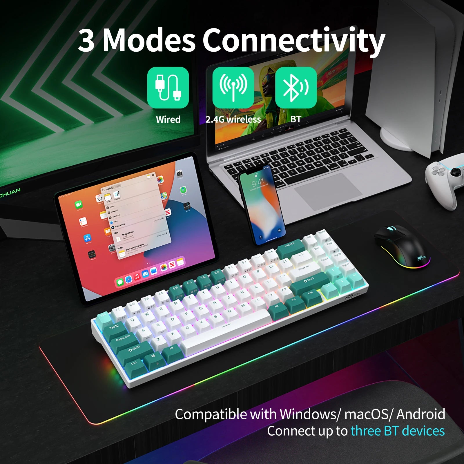 RK ROYAL KLUDGE RK71 Tri-mode Mechanical Keyboard 2.4G Wireless Bluetooth RGB Backlit Hot-swappable Gamer Keyboard PBT keycaps