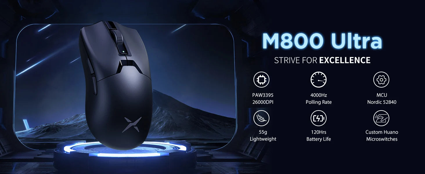 Delux M800 Ultra Lightweight 55g PAW3395 Wireless Bluetooth Tri-Mode Gaming Mouse 26000DPI 4K Compatible Macro Mice For PC Gamer