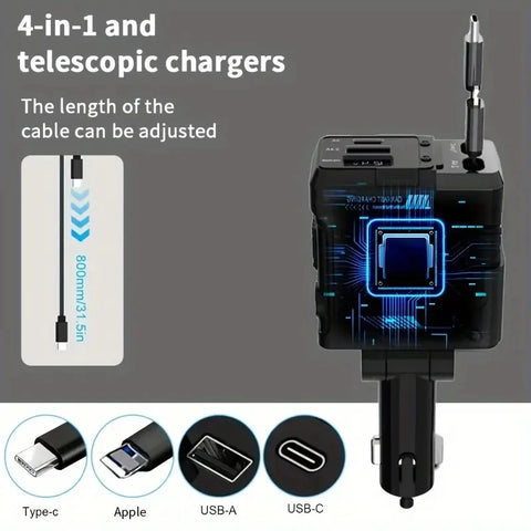 W&O 4 in 1 Flexible Car Charger PD 3.0 120W Fast Charging Type C Mobile Phone Charger for iPhone Xiaomi Huawei Samsung Android