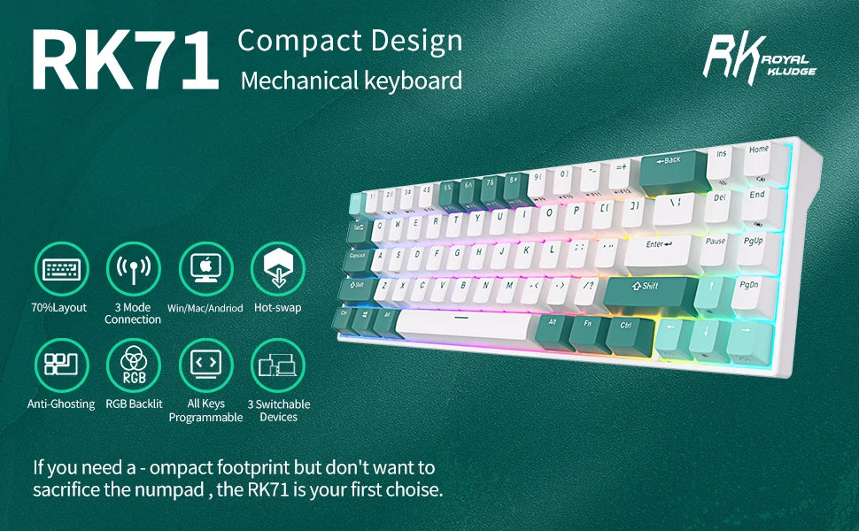 RK ROYAL KLUDGE RK71 Tri-mode Mechanical Keyboard 2.4G Wireless Bluetooth RGB Backlit Hot-swappable Gamer Keyboard PBT keycaps