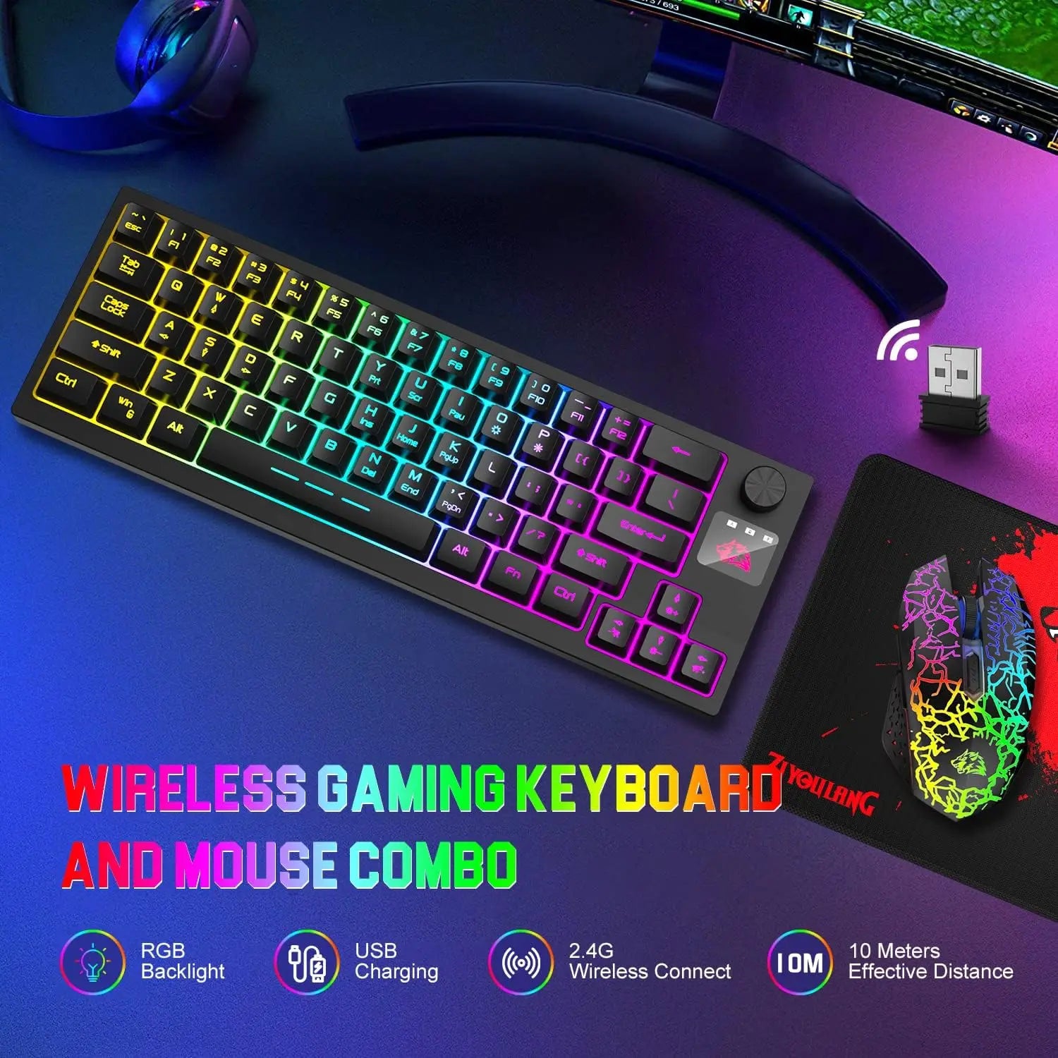 ZIYOU LANG T50 Wireless Gaming Keyboard and Mouse Combo Mini Portable with Cool RGB Backlit Ergonomic 64Key TKL Rechargeable Ant