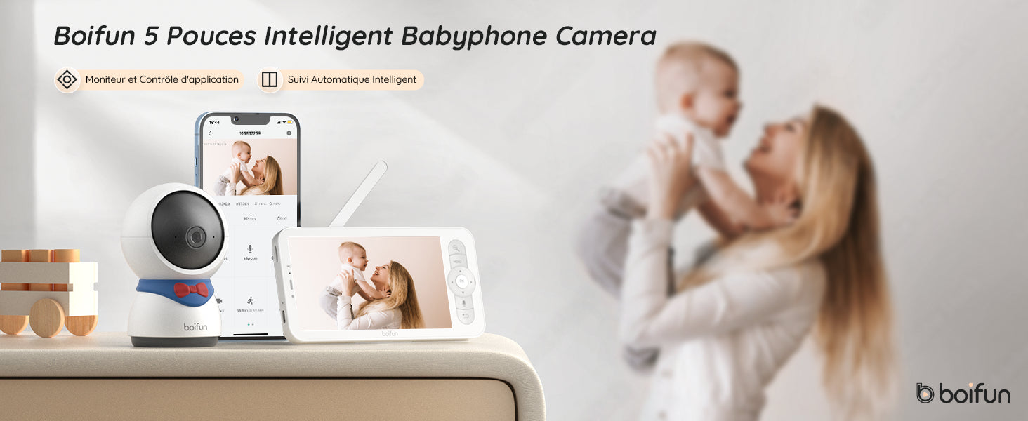 BOIFUN 1080P 5" Baby Monitor Camera, PTZ 355°Camera Baby Motion Monitoring and Automatic Tracking, Monitor and Smartphone