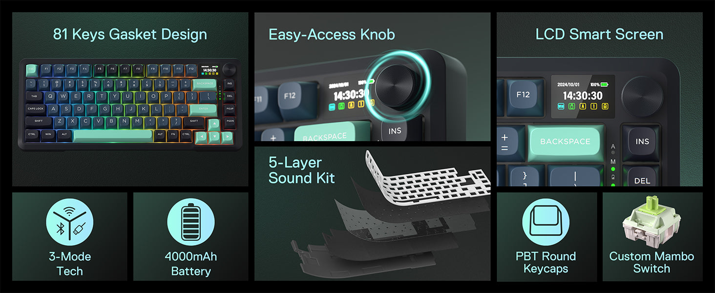 Redragon K724 PRO Wireless Gasket Gaming Keyboard w/Hype Screen & Knob, 81-Key Mechanical Keyboard, Mint Mambo Switches