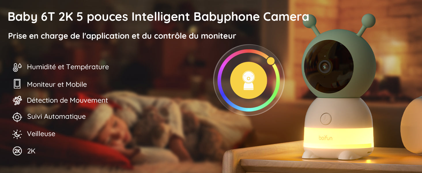 BOIFUN 2K 5" Baby Monitor Camera,  360° Rotation with Phone App, Colorful Night Lights,Motion Monitoring, Automatic Tracking