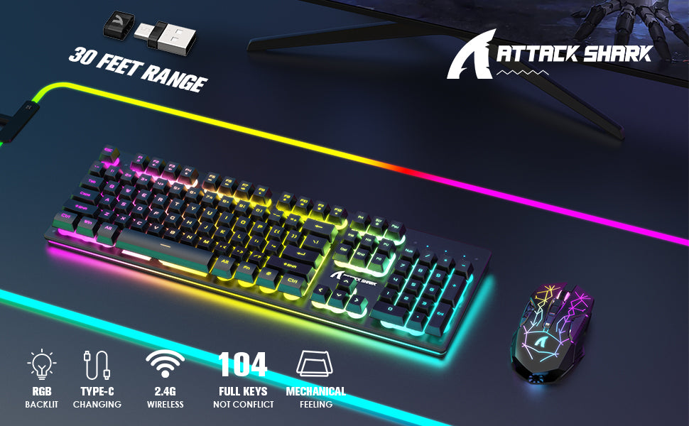 ATTACK SHARK T3 RGB Wireless Gaming Keyboard Mouse Combo,Rechargeable Mechanical