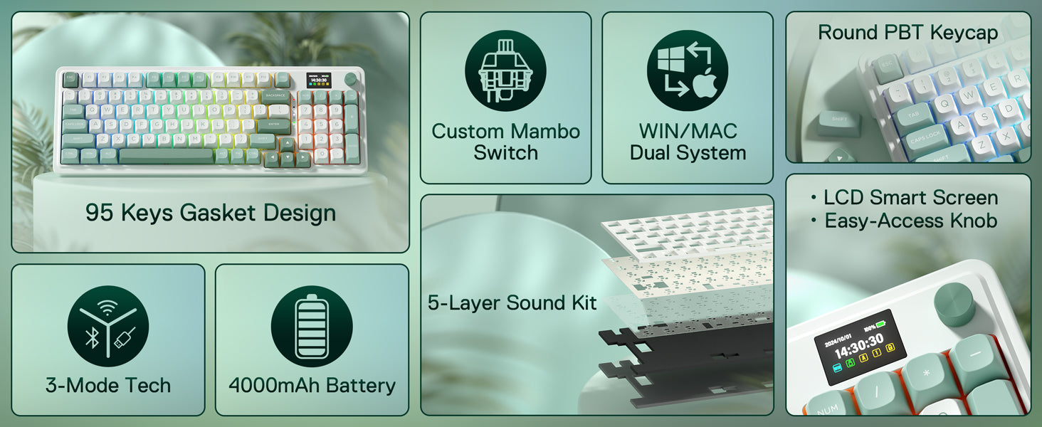 Redragon K719 Wireless Gasket Gaming 95 Keys Mechanical Keyboard,Easy-Control 1.14’’ TFT Info Display,Mint Mambo Switches