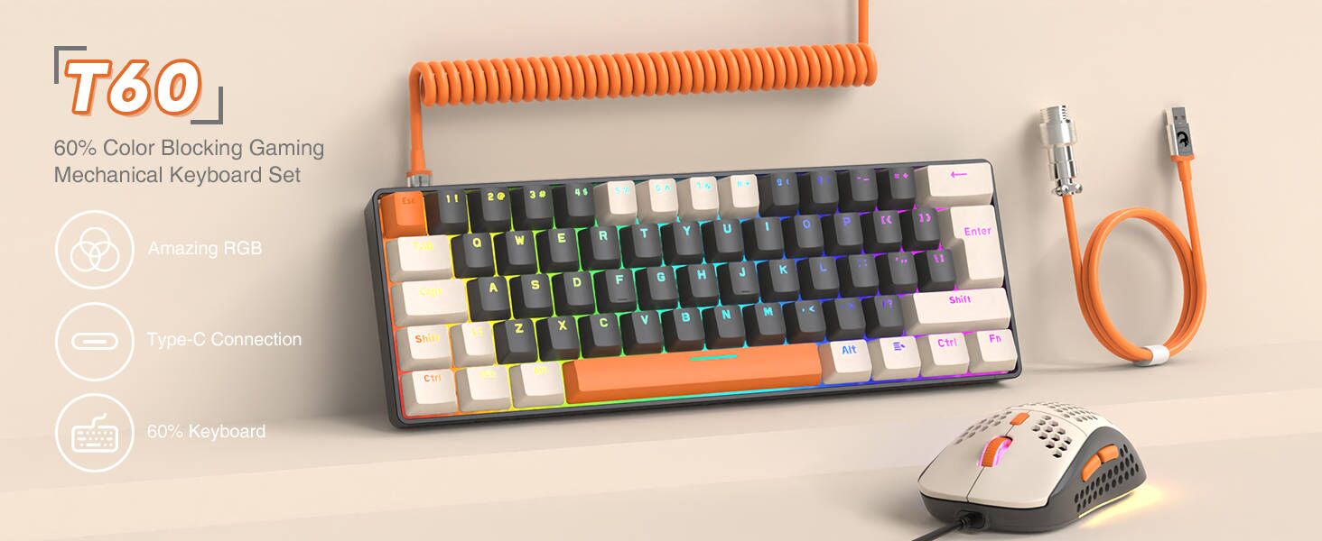 MAMBASNAKE x ZIYOU LANG T60PRO 60% Mechanical Keyboard and Mouse Combo+Coiled USB C Cable