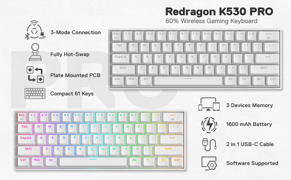 Redragon K530 Pro Draconic 61 Keys 60% Wireless RGB 100% Hot-Swap Socket Mechanical Keyboard Bluetooth/2.4Ghz/Wired 3-Mode